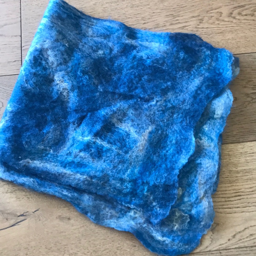 Hand felted wool rectangular scarf, blue and white